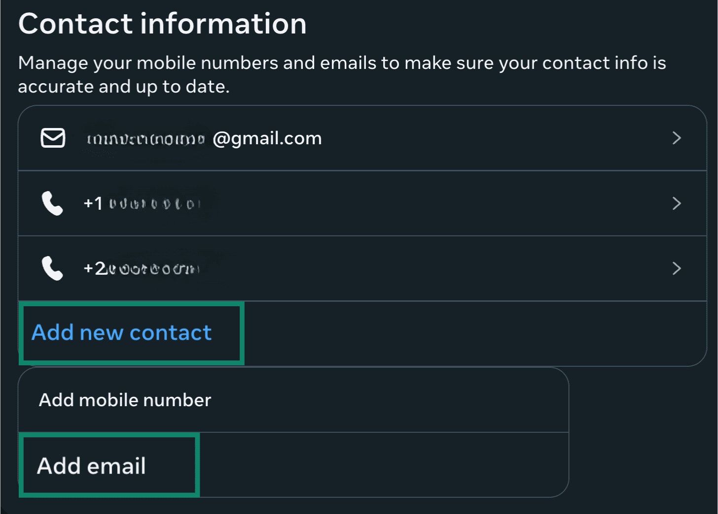 Facebook contact information update page.