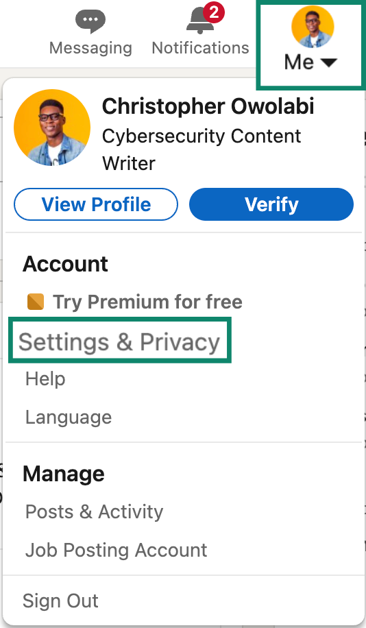 Screenshot of the LinkedIn homepage with the profile picture in the top menu highlighted, and a dropdown menu showing the 'Settings & Privacy' option.