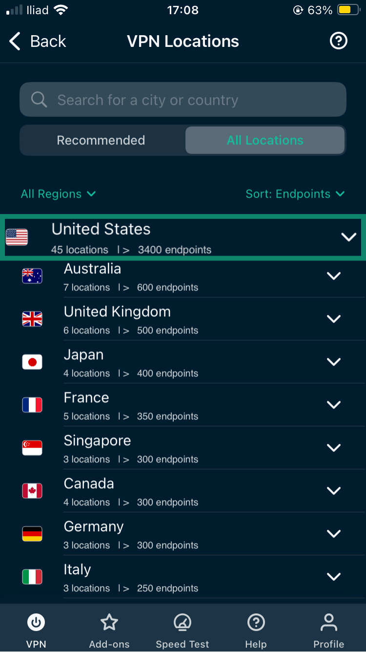 ExpressVPN's server select menu.