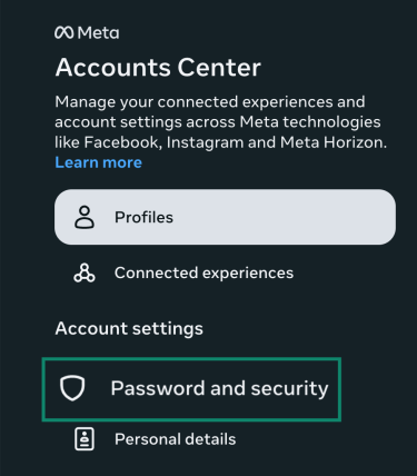 The Password and security option highlighted under Meta Accounts Center settings.