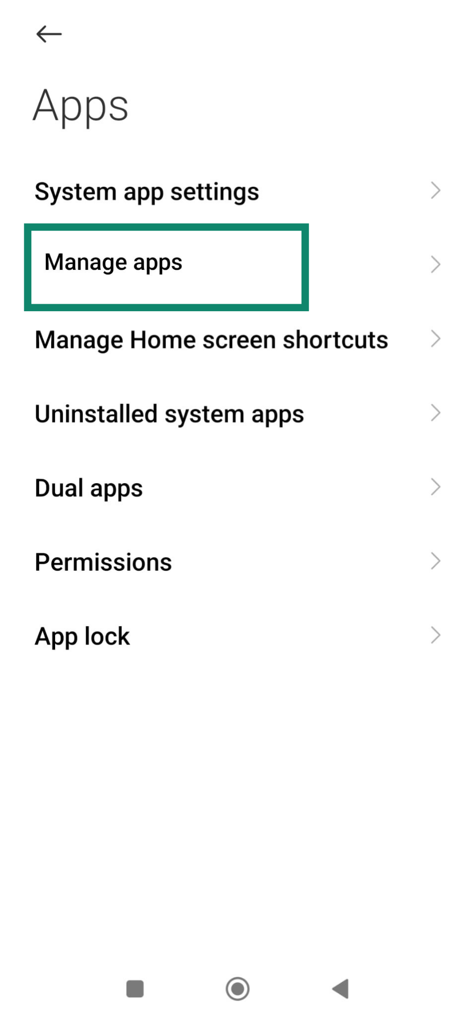Apps menu in Android settings with 'Manage apps' highlighted