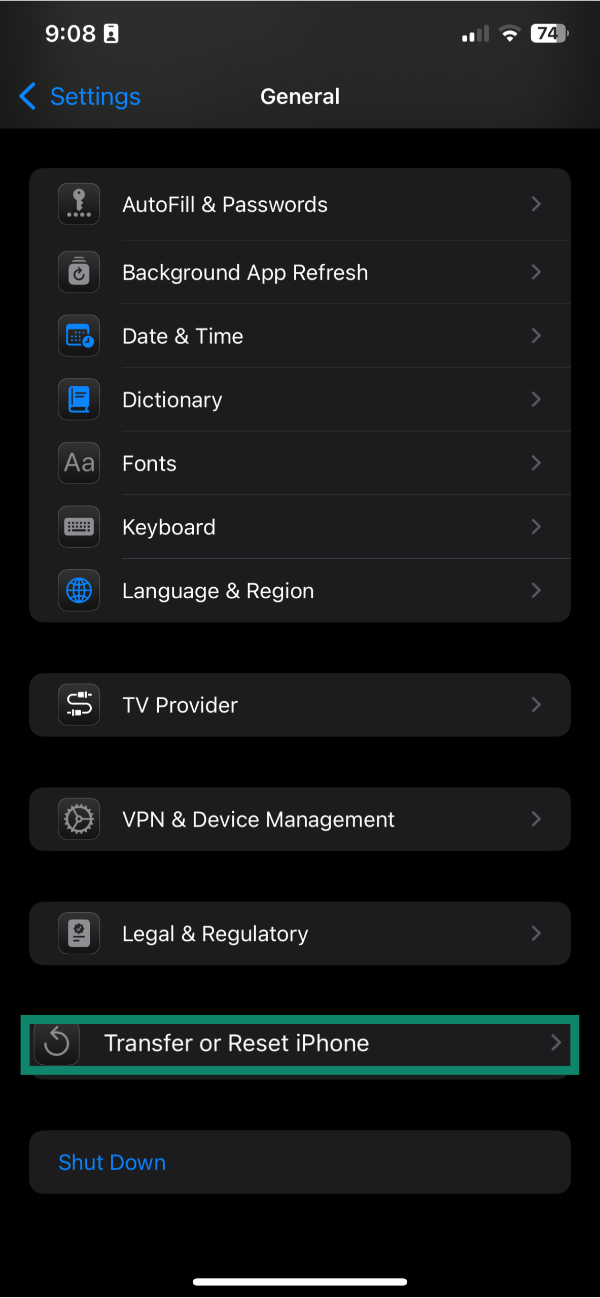 The General settings menu of an iPhone, with the Transfer or Reset iPhone option highlighted.