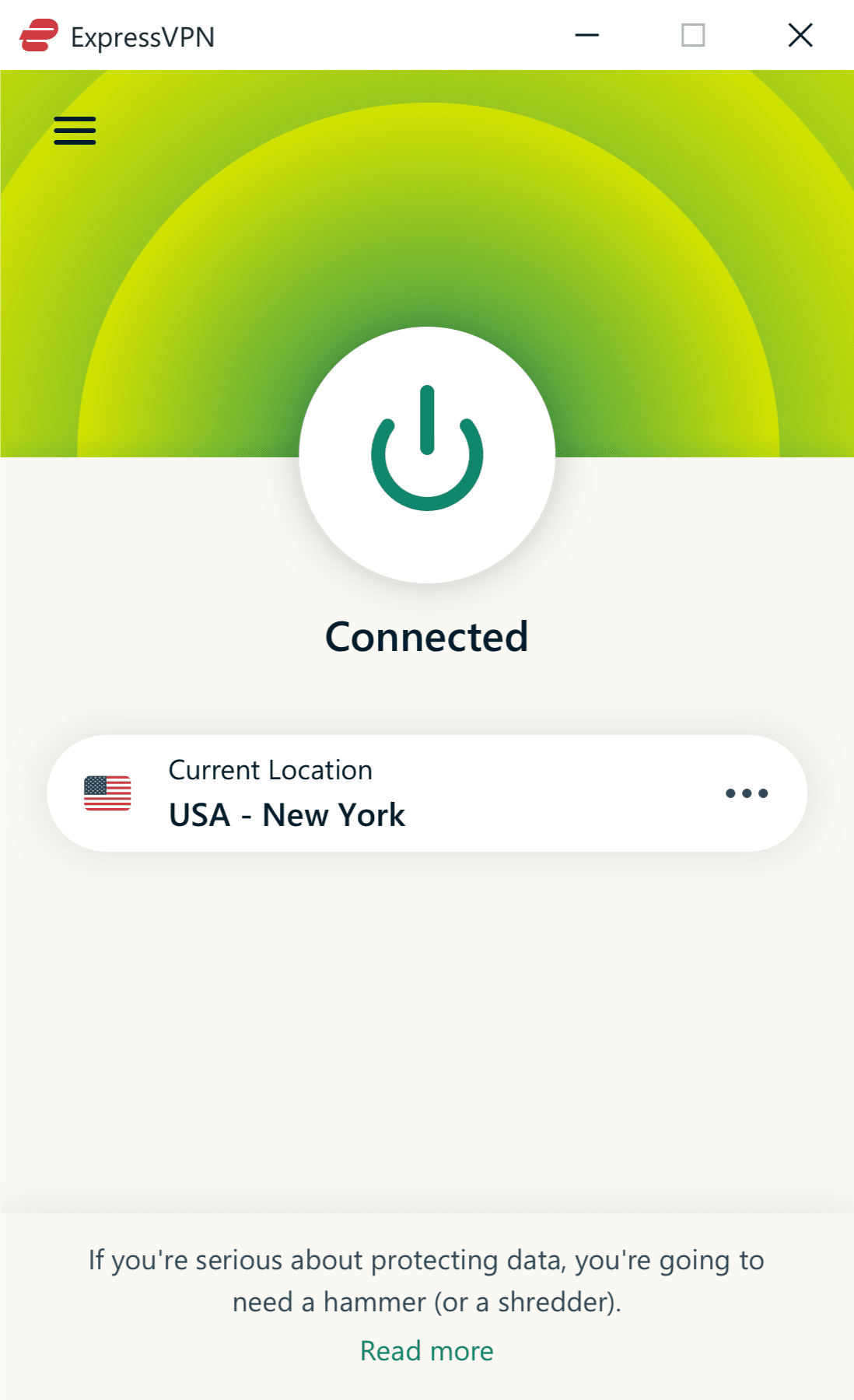 The main ExpressVPN app window, showing the green Connected button