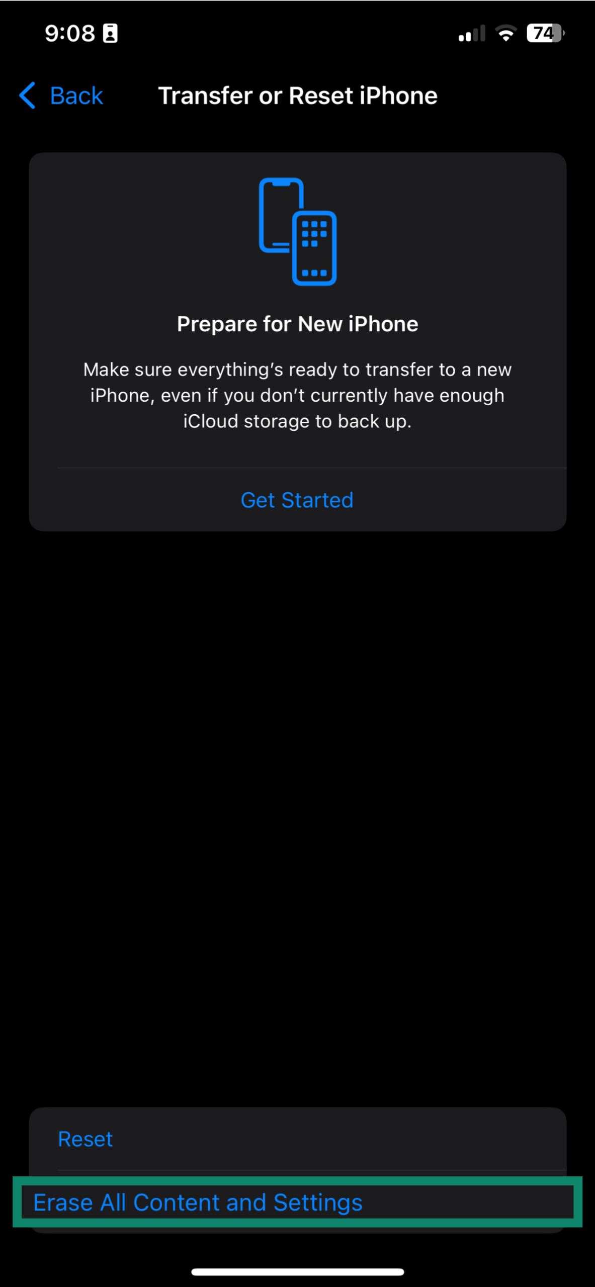 The Transfer or Reset iPhone menu, showing the Erase All Content and Settings button.