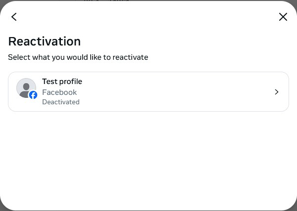 Facebook screen for selecting an additional profile to reactivate.