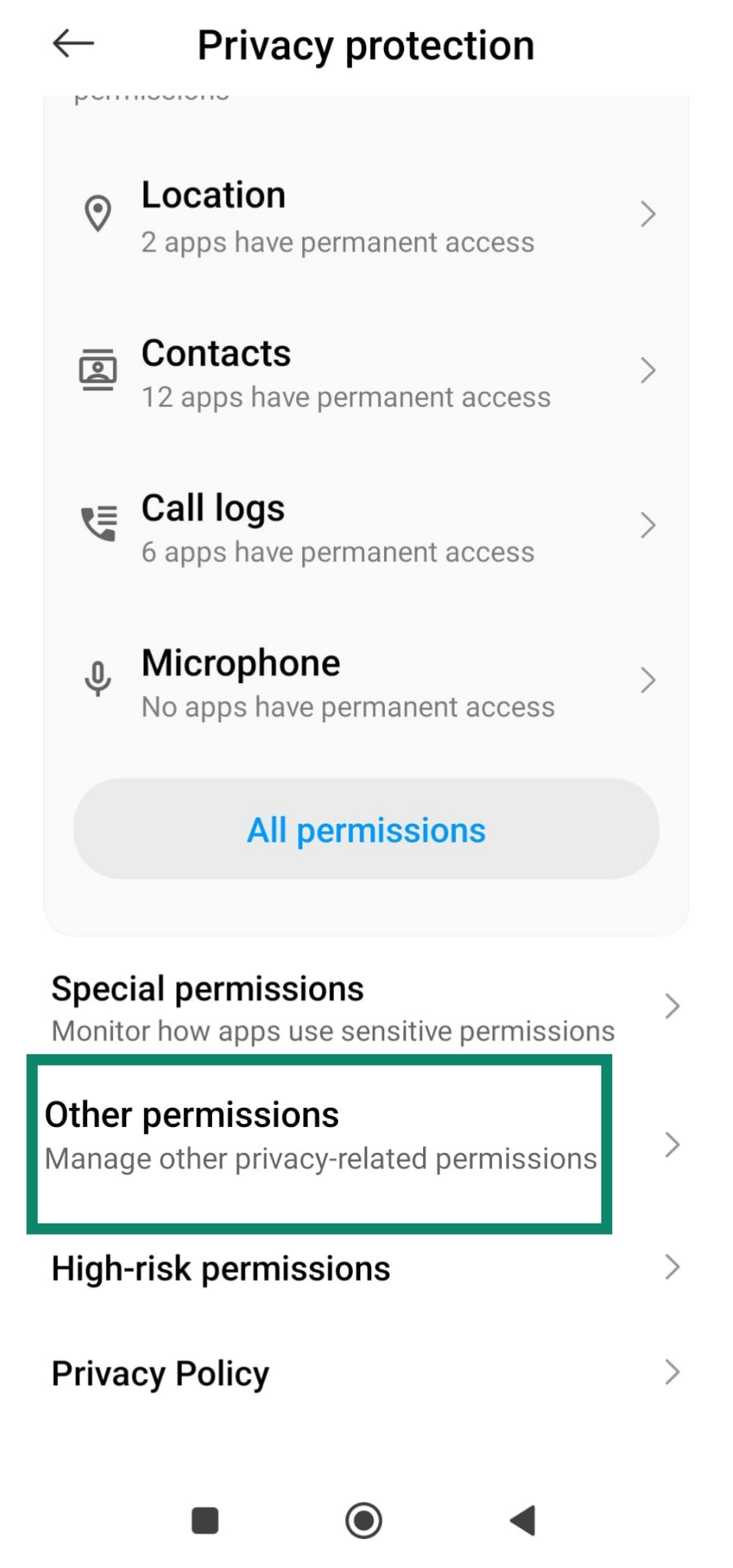 Android Privacy screen with Other permissions highlighted.
