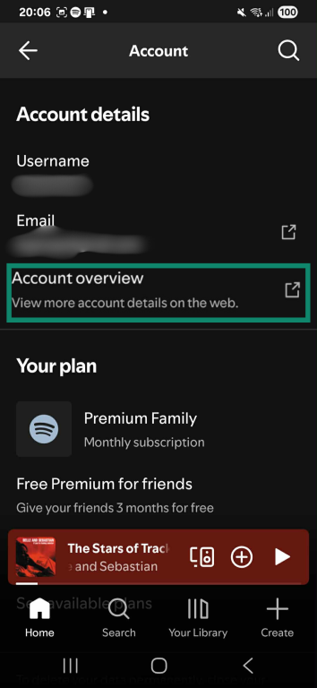 A picture of a Spotify account page highlighting the external link to Account overview.