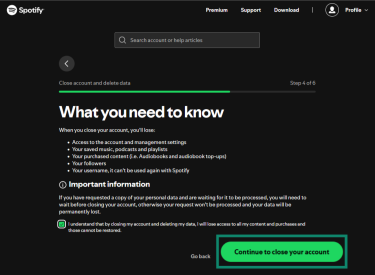 A screenshot showing one of the six steps one must take to move forward with account deletion.