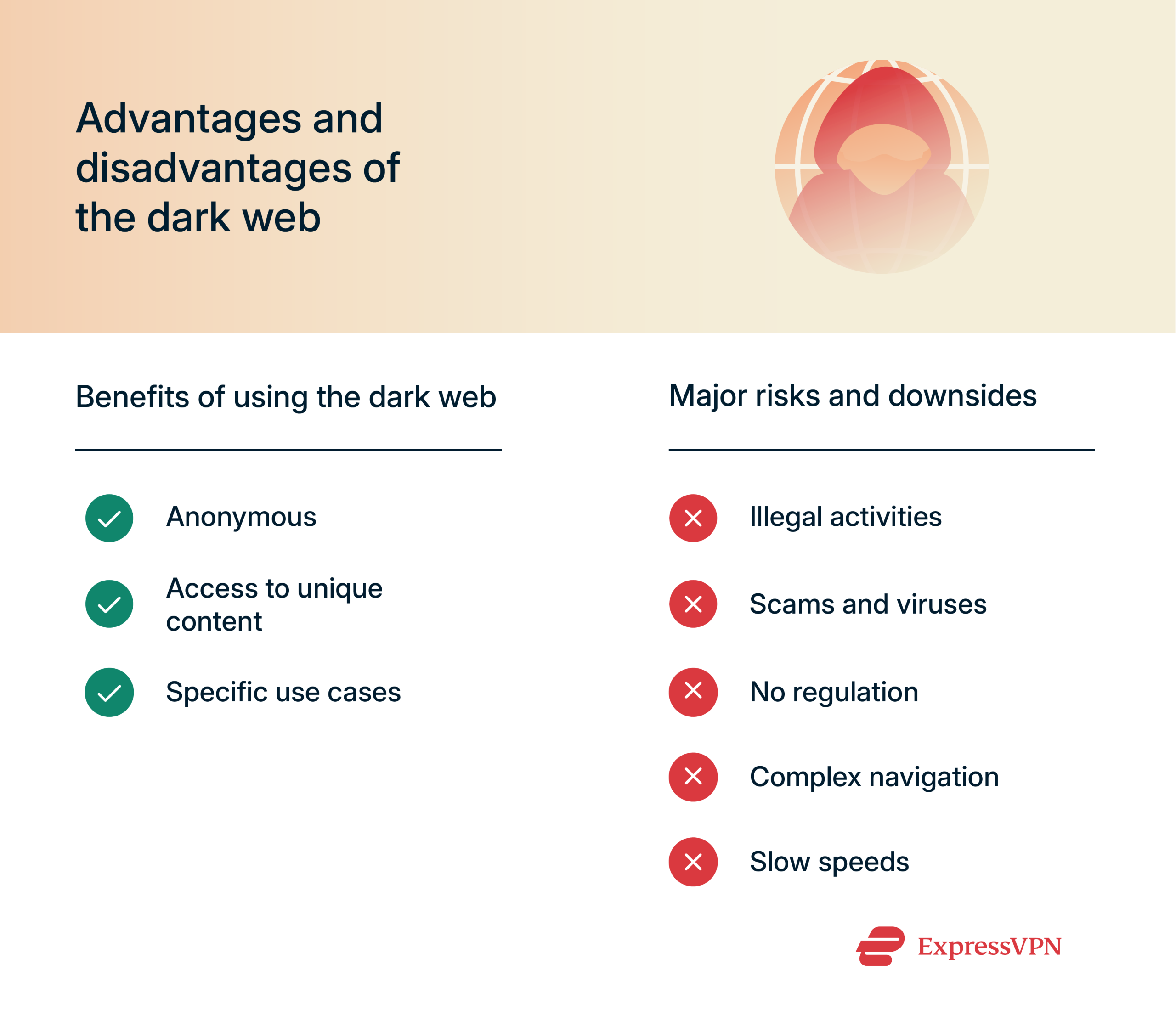 Infographic showing the benefits and risks of using the dark web.