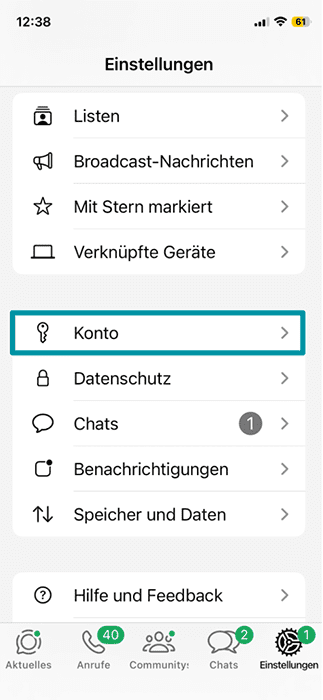 The WhatsApp app for iPhone, showing the Account option in the Settings menu.