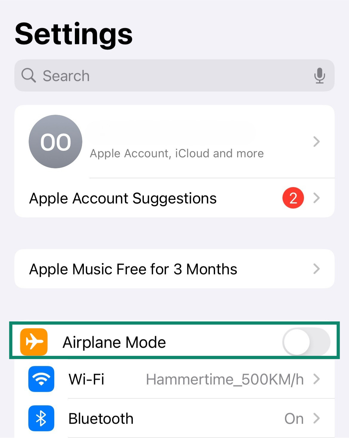 Screenshot of Airplane Mode turned off in the iOS settings menu.