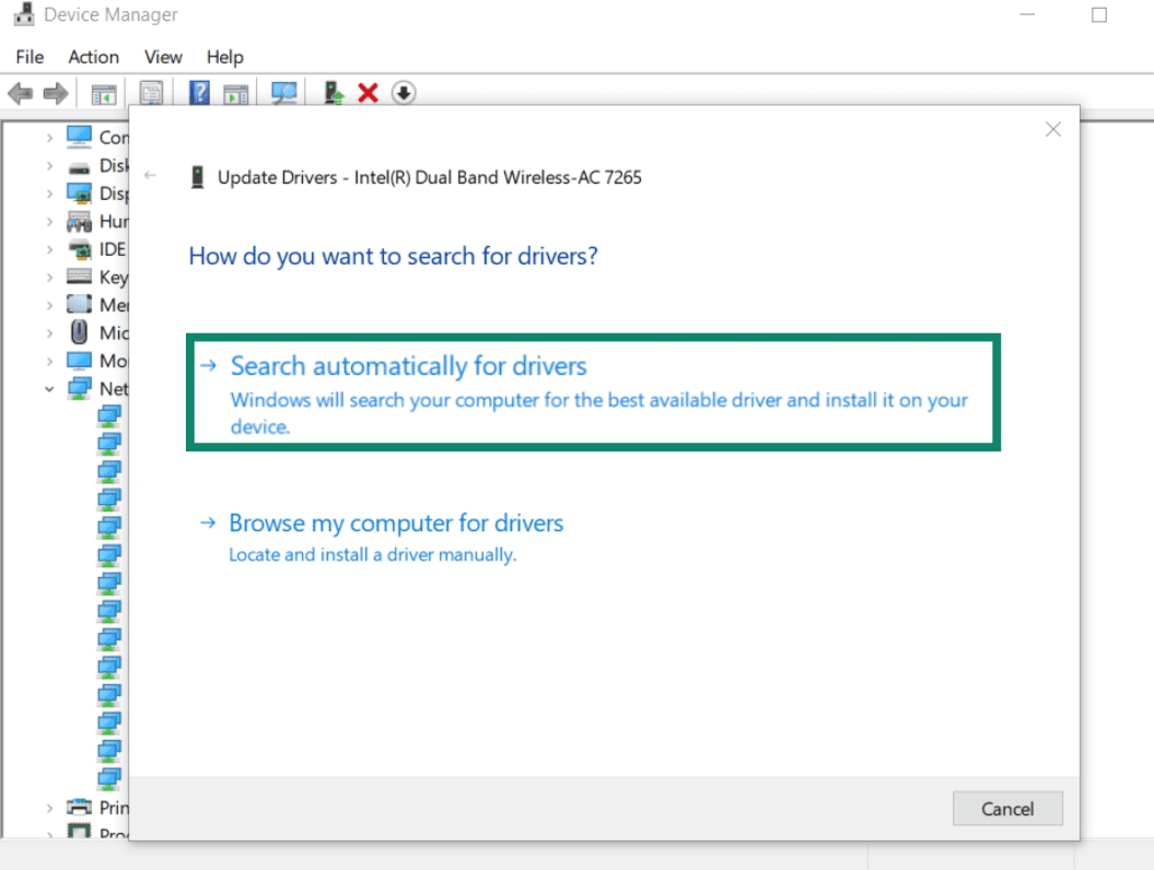 The driver update window, showing the options to manually select or automatically locate the latest update.