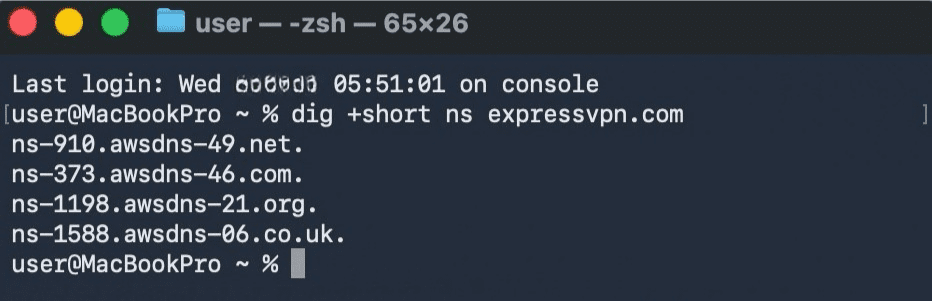 A macOS terminal response showing nameservers associated with a specified domain.