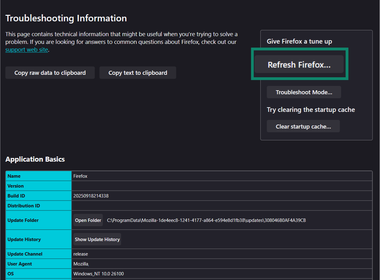 A screenshot of the Troubleshooting Information page in Firefox, showing the Refresh Firefox option.