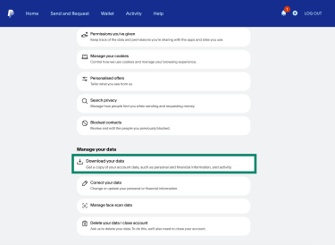 PayPal Data & Privacy menu, with a highlighted "Download your data" button.