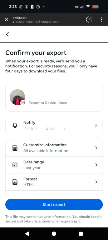 Starting Threads data export in Instagram.