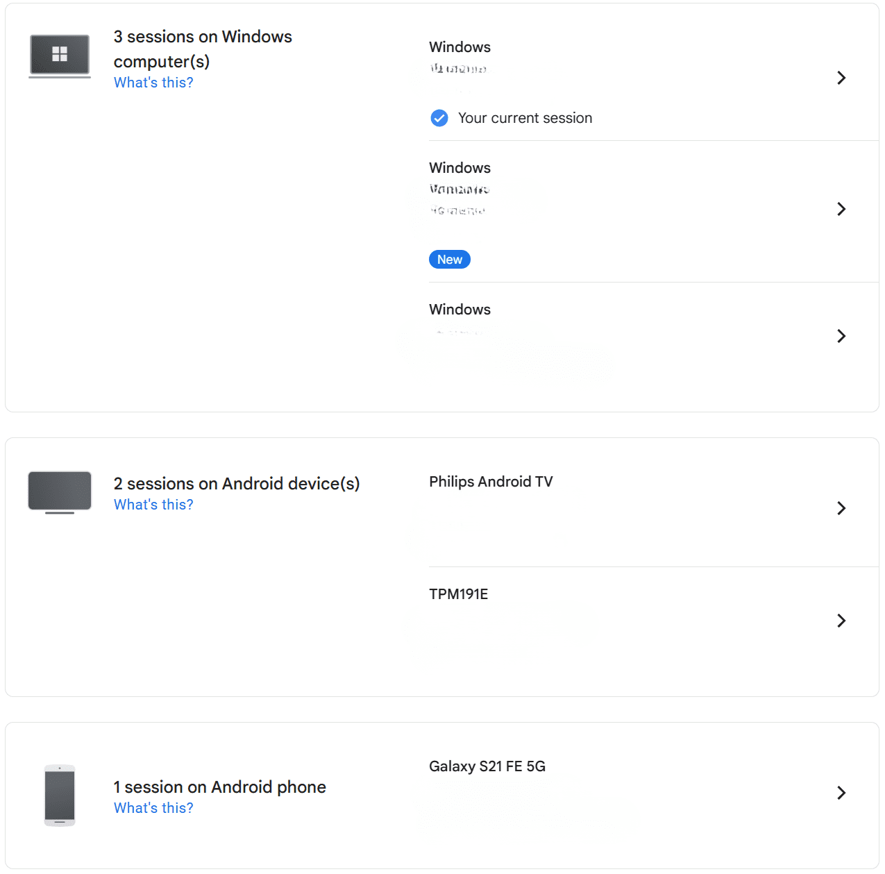 A list of devices signed into a Google account.