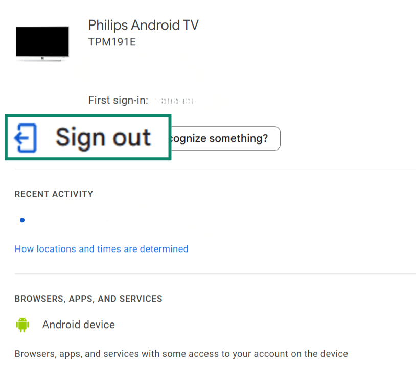 The page for a device signed into a Google account. The "Sign out" button is enlarged and highlighted.