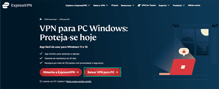 ExpressVPN's download page for the Windows app.