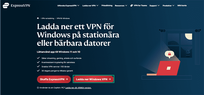 ExpressVPN's download page for the Windows app.