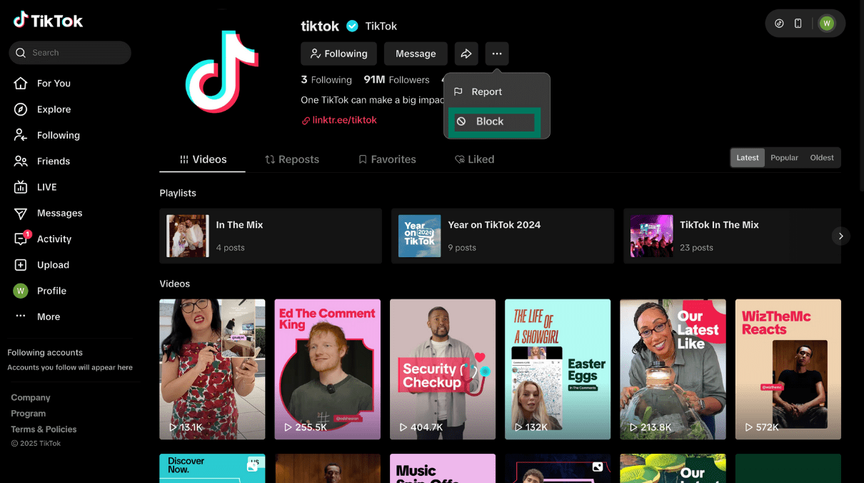 TikTok desktop dropdown menu open with the Block option highlighted in green.