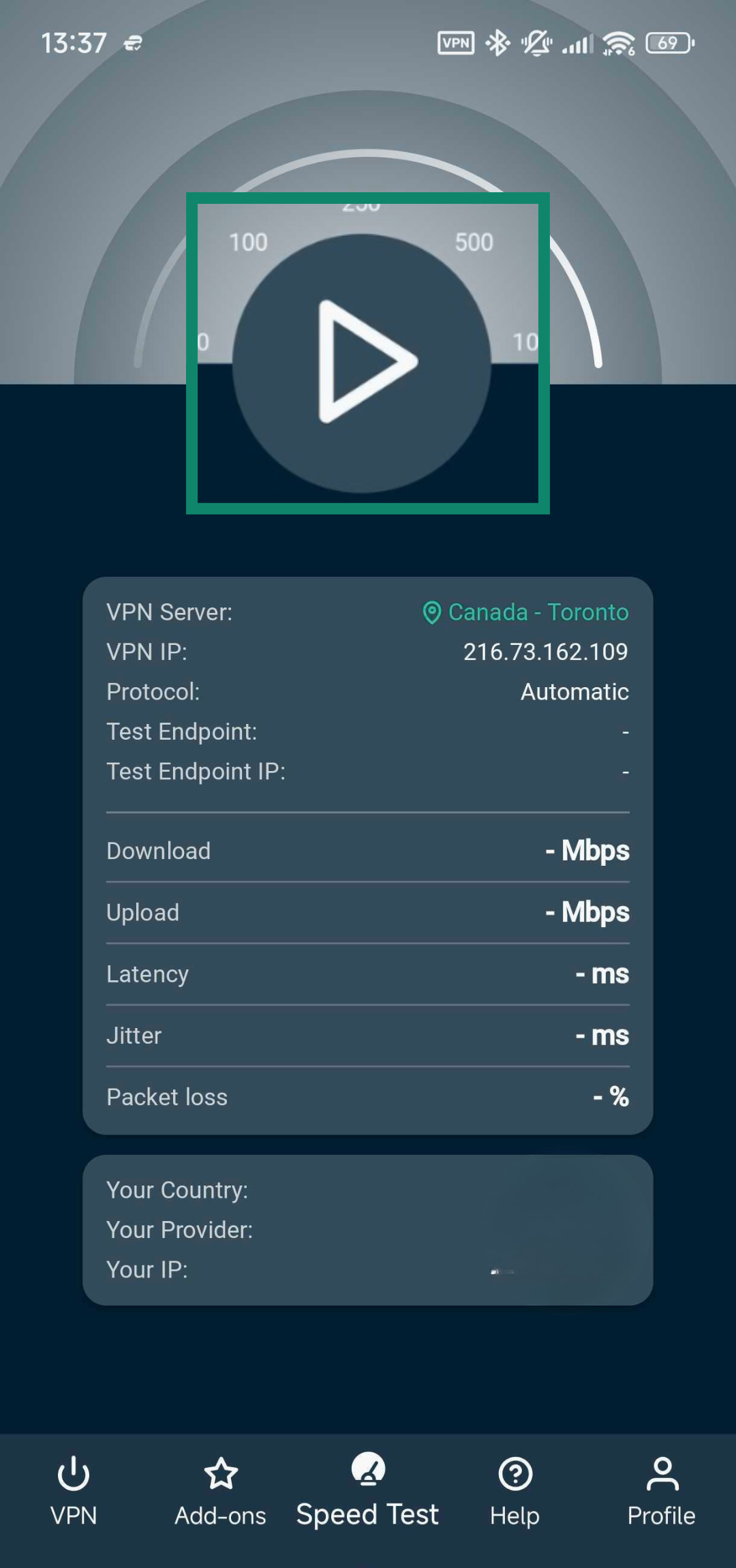 Starting a speed test on ExpressVPN's Android app.