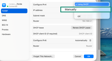 MacOS TCP/IP settings, showing how to access edit a network connection.
