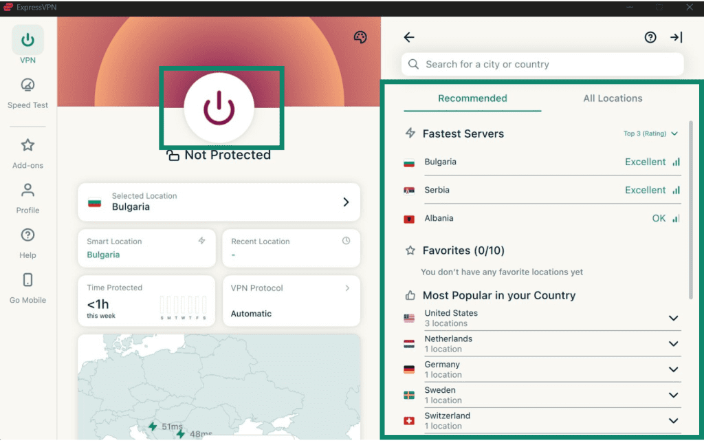 ExpressVPN's main screen on Windows, showing a list of servers and the Connect button.