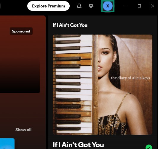 Spotify desktop app home page with the user profile picture highlighted.