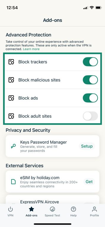 ExpressVPN Add-ons screen with advanced protection toggles highlighted.