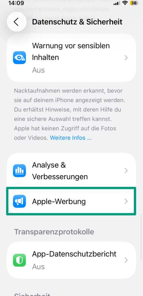 Screenshot of the iPhone Privacy & Security menu with the 