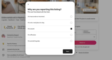 Airbnb listing page showing how to report a listing.