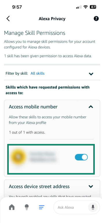 Screenshot showing Amazon Skill permissions being toggled