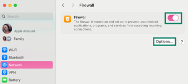 Firewall turned on with Options button visible.