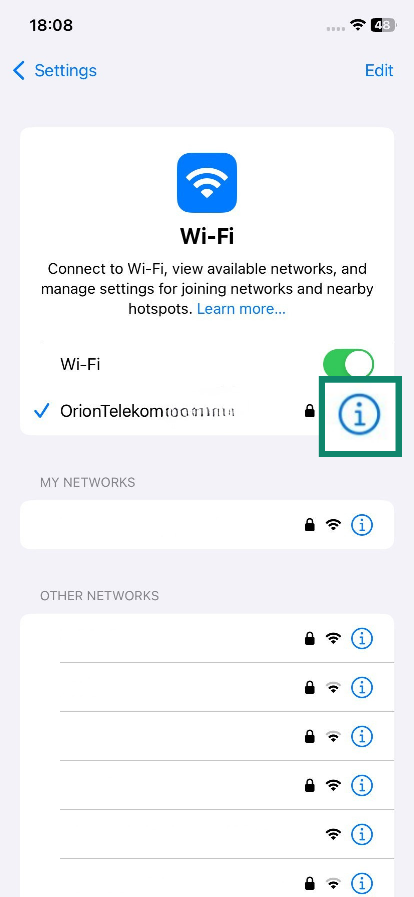 iOS Wi-Fi menu with the information icon next to the active network highlighted