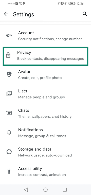 Image of the privacy option in the WhatsApp Settings menu.