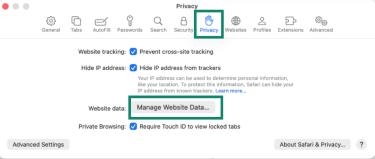 Safari Privacy settings with Manage Website Data button highlighted under Website data section.