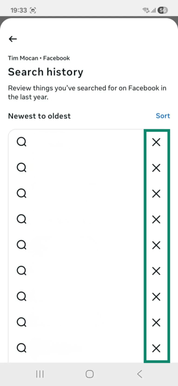 The list of search entries displayed in the "Accounts Center" menu on the Android Facebook app. The "X" icons next to the search entries are highlighted.