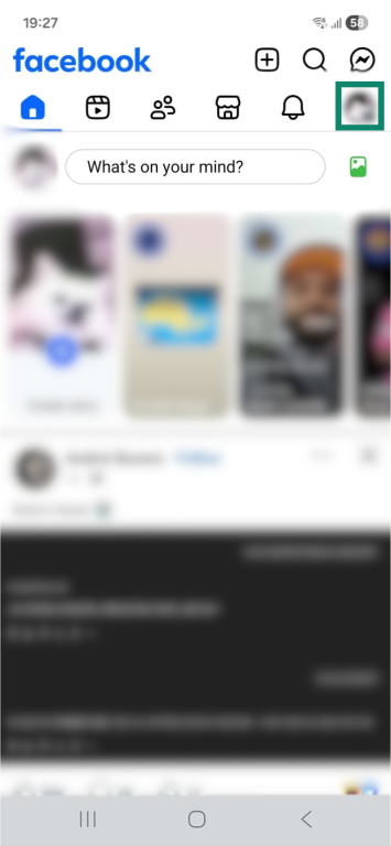 Facebook Feed on the Android Facebook app. The main menu icon in the top right is highlighted.