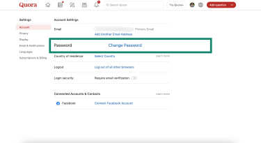 Quora account settings with Change Password highlighted