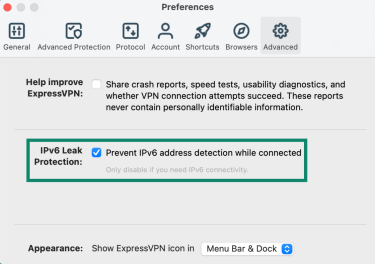 ExpressVPN's IPv6 leak protection feature toggled on under Advanced settings
