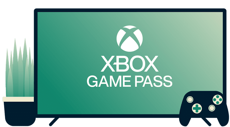 Tela com logotipo, console do Xbox Game Pass e planta 