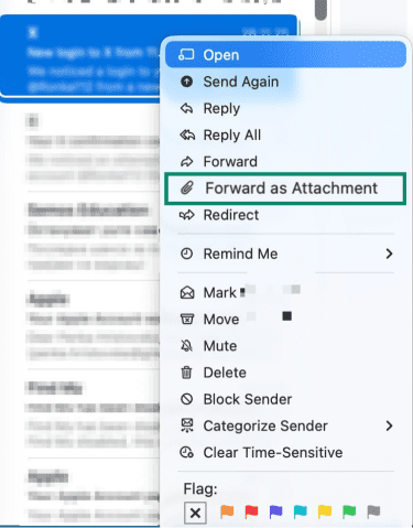 Apple Mail message menu open, highlighting “Forward as Attachment” option.