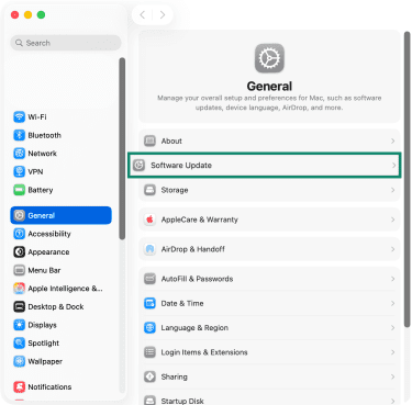 Accessing the Software Update option on macOS' System Settings.
