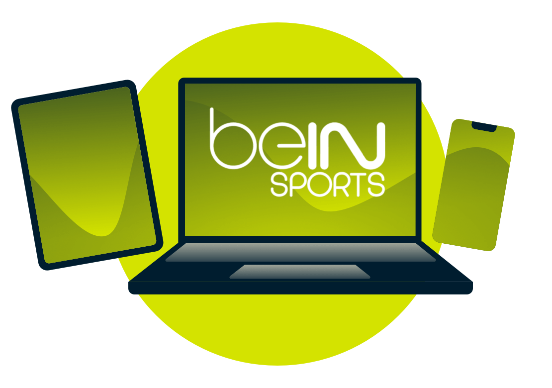 Een laptop, tablet, en telefoon, met het Bein logo.