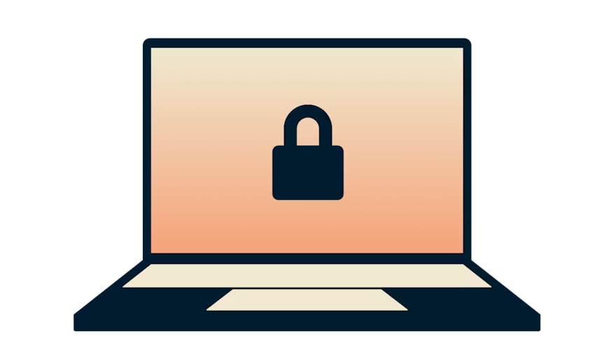 Notebook com um cadeado em fundo laranja.