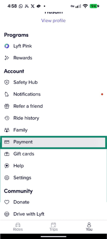 Payment option in the Account menu of the Lyft app.