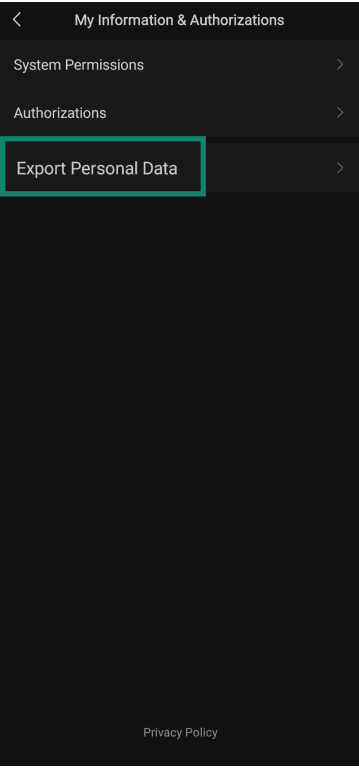 Accessing the Personal Data Export menu in WeChat's settings.