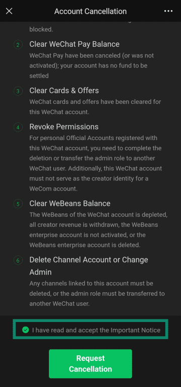 Requesting an account cancellation in the WeChat app.