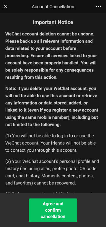 Notice about what happens to data after cancelling a WeChat account.